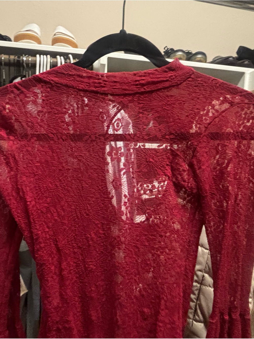 Women's Long-Sleeve Red Lace Top - Elegant Sheer Detail